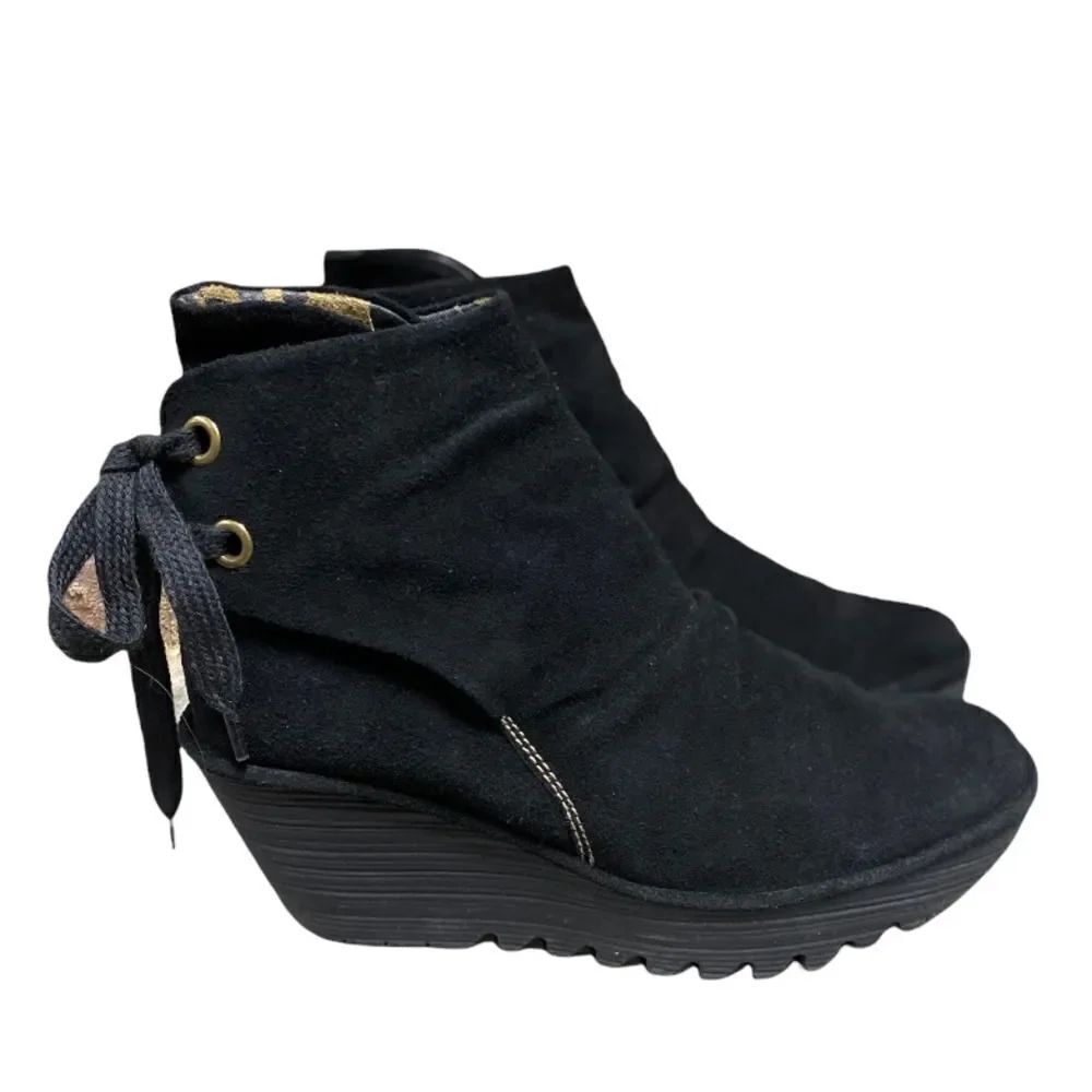 Fly London Black Leather - Suede Yama Wedge Ankle Bootie